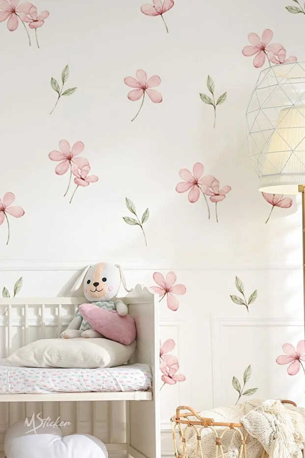 MSticker Pink Meadow and Country Flowers Leaves Sticker Set, Kids Baby Room Flower Sticker Set