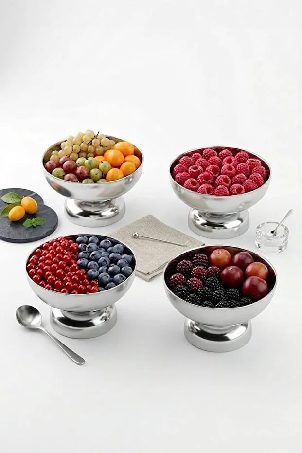 Kitchen Life 4-Piece Stainless Steel Tableware Presentation Snack Bowl Breakfast Bowl Stainless Steel Footed Bowl