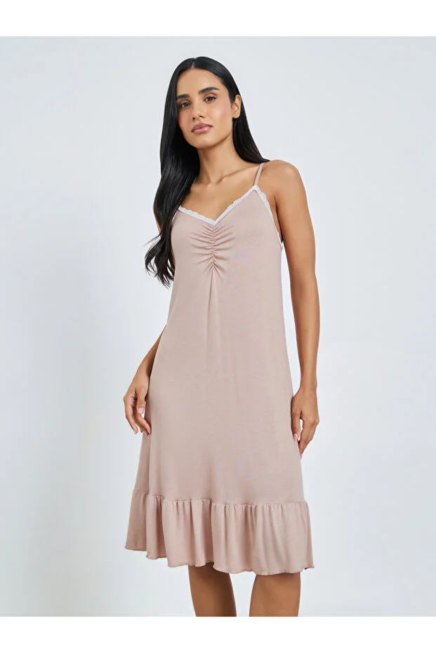 Styli Pink Contrast Lace Trim Ruffle Hem Slip Dress