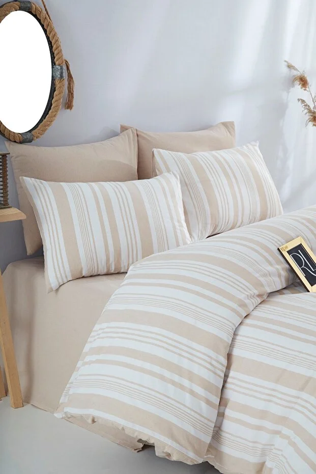 Ricco Lifes Bohemian Beige Striped Double Duvet Cover Set Beige