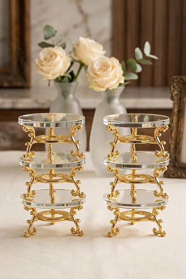 Kitchen Life 6-Piece Gold Glass Coffee Side Presentation Bowl with Stand - Decorative Turkish Delight Bowl, Macaron Bowl